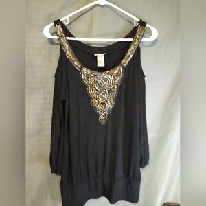 Cache Beaded Embellished Cold Shoulder  Women's Top